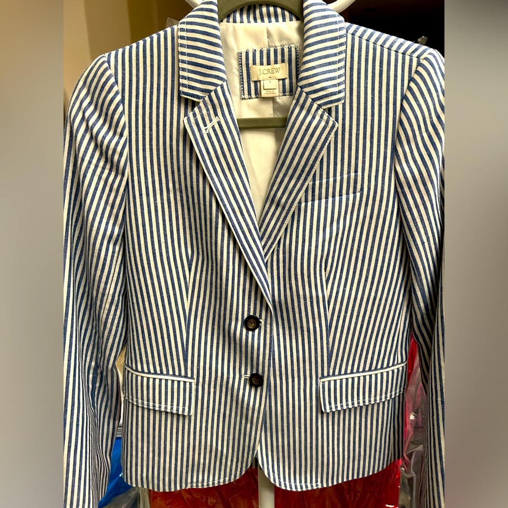 JCrew Boyfriend Blue and White Stripe Cotton Blazer